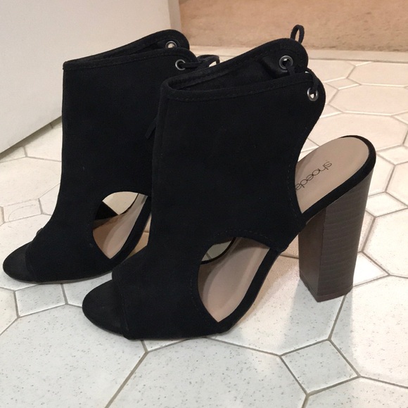 Black Suede Peep Toe Heels - Picture 1 of 6